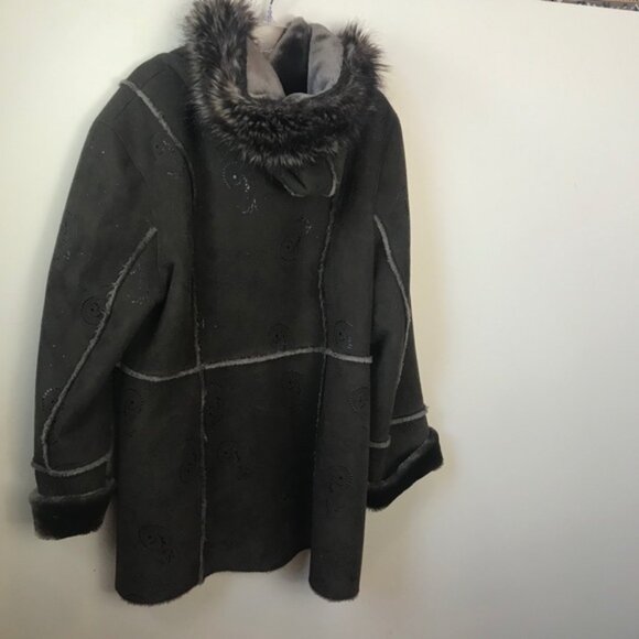 PIZAZZ  Vintage Y2K Faux Fur Shearling Hood Paisley Coat Jacket Cozy Fur Lined L - Picture 3 of 16